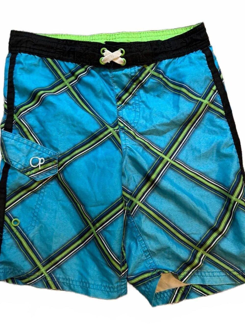 OP Boys Small Blue Green Plaid Swim Shorts